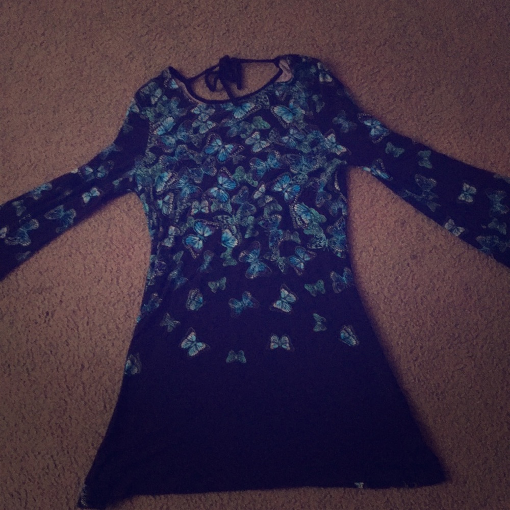 Blue and black butterfly long sleeve dress